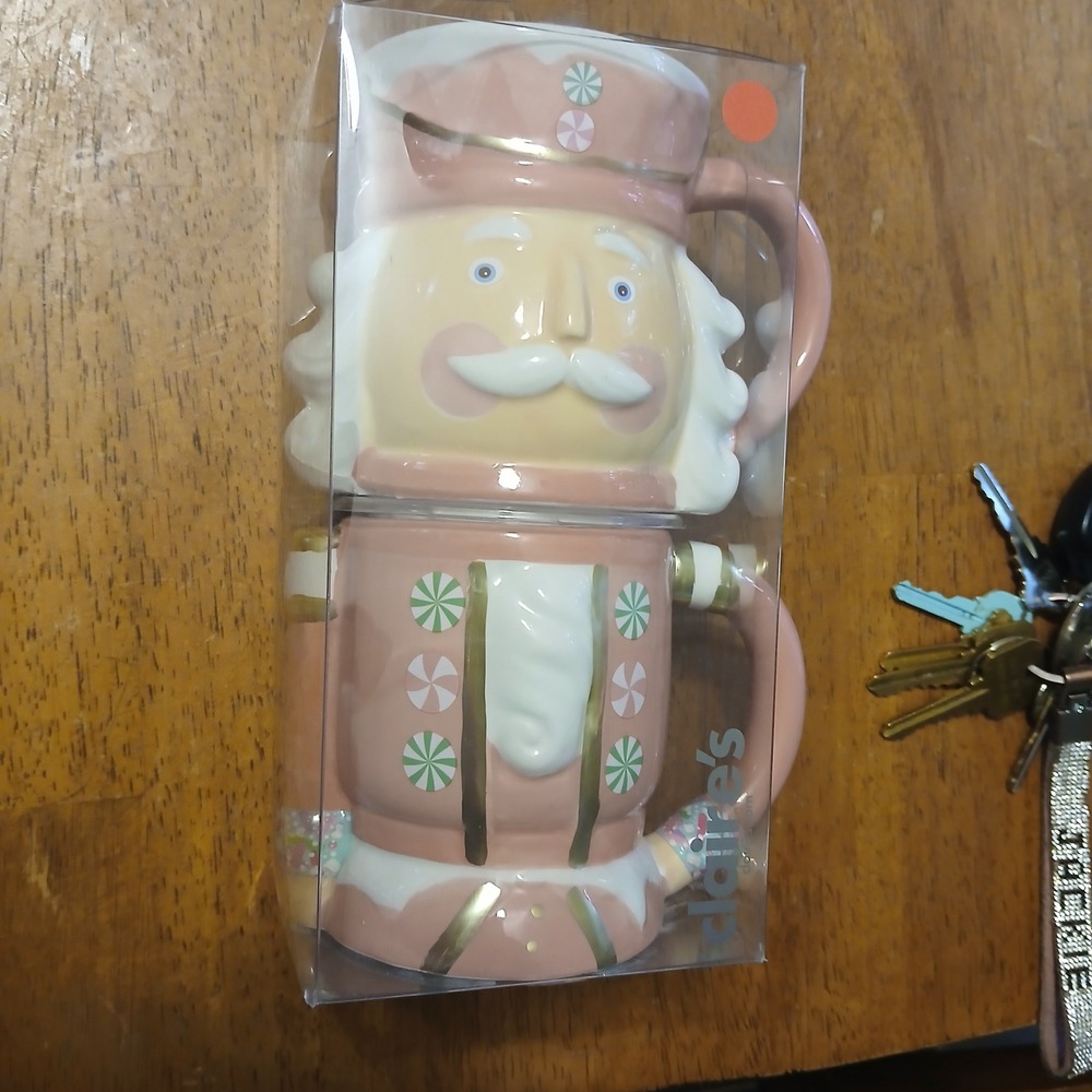 Claire's Nutcracker Stacking Mugs Pink Pastel Ceramic Holiday 2 Piece Set